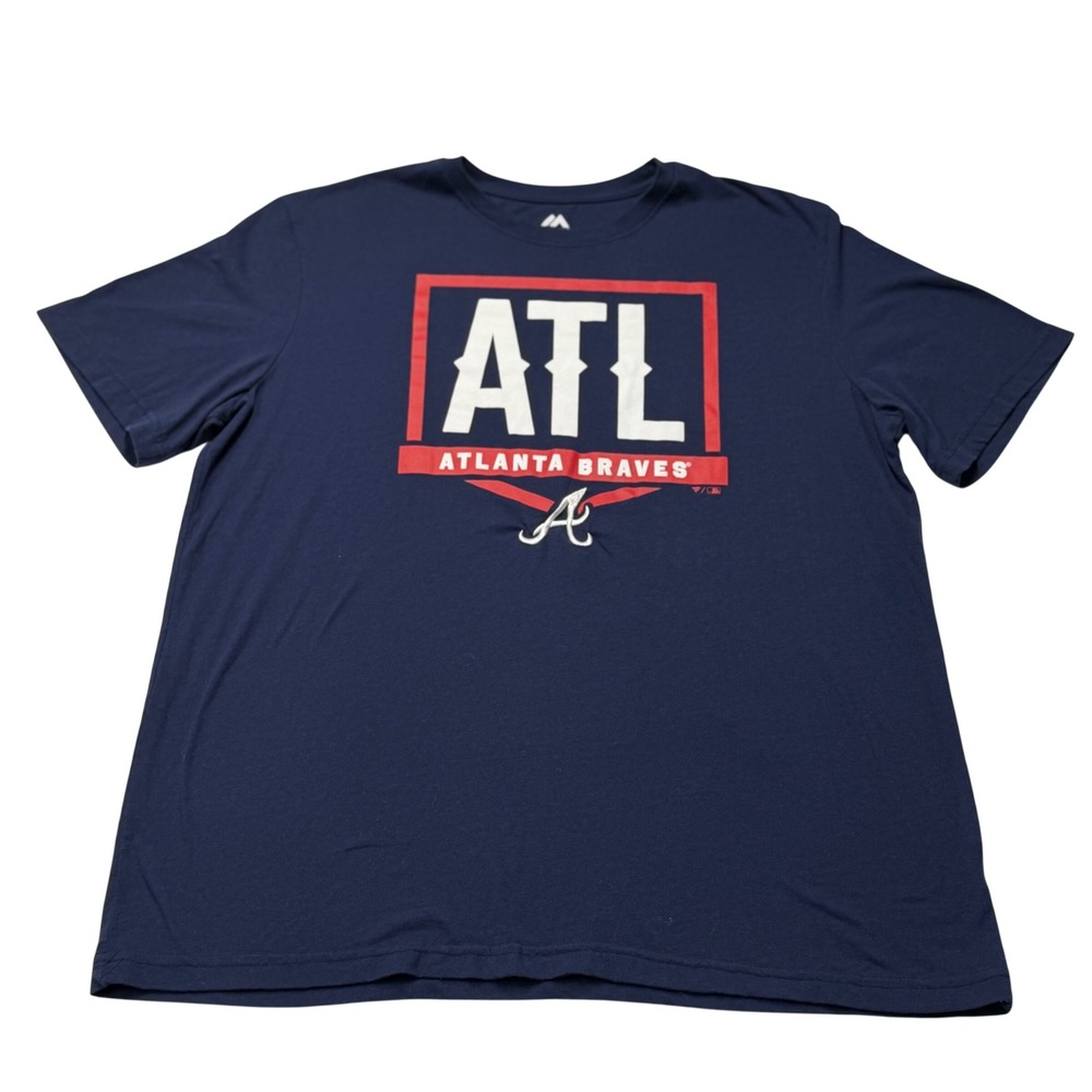 Majestic Atlanta Braves Mens 2XL MLB T-Shirt Navy Blue Graphic ATL Short Sleeve